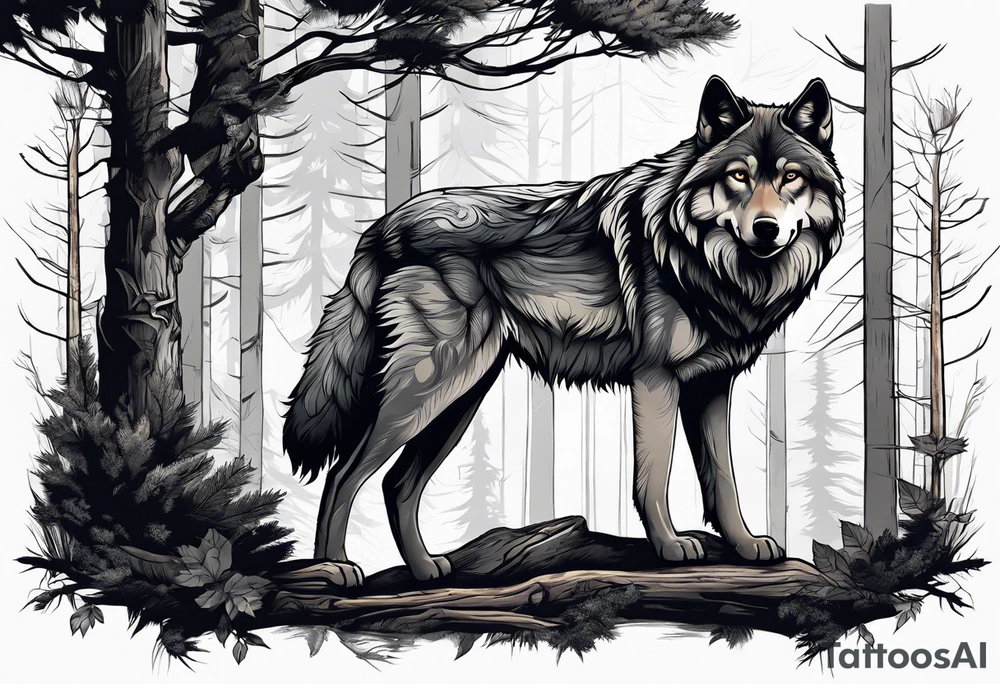 Forest with a wolf walking tattoo idea