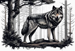 Forest with a wolf walking tattoo idea