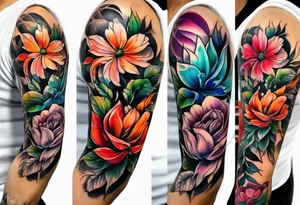 Colorful flower half arm sleeve tattoo idea