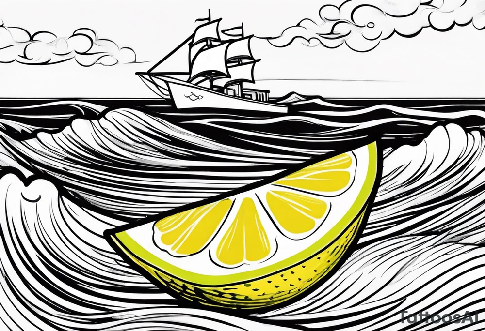 A lemon-Buoy with a green leaf-flag on waves tattoo idea
