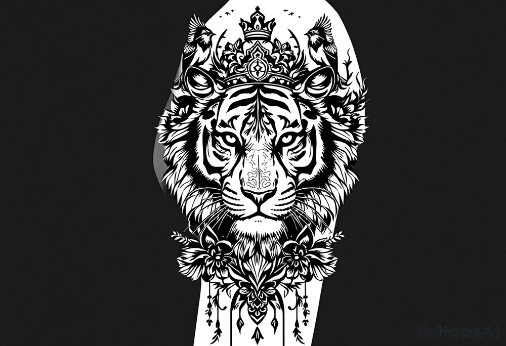powerful majestic tiger with a crown, surrounded by floral ornaments and birds tattoo idea