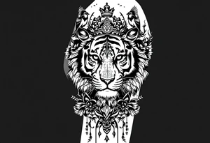 powerful majestic tiger with a crown, surrounded by floral ornaments and birds tattoo idea