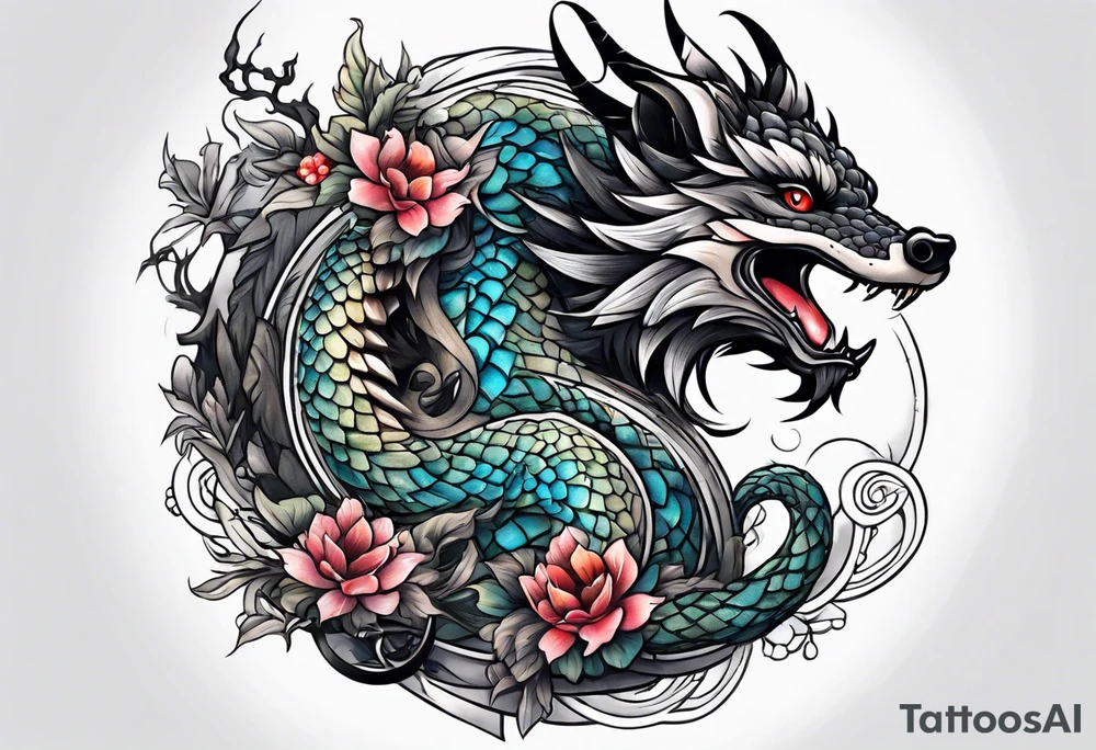 Dragon and raccoon spiral shoulder tattoo idea