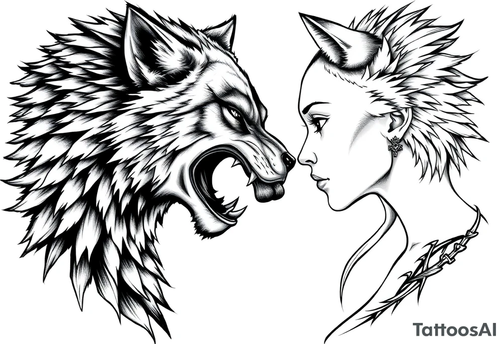 Male and female human facing each other both transforming into wolves tattoo idea