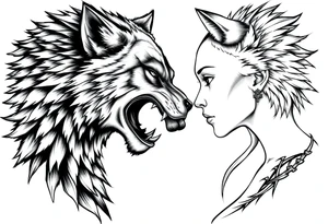 Male and female human facing each other both transforming into wolves tattoo idea