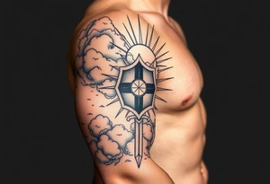 clouds, shield, sword, sun ray tattoo idea