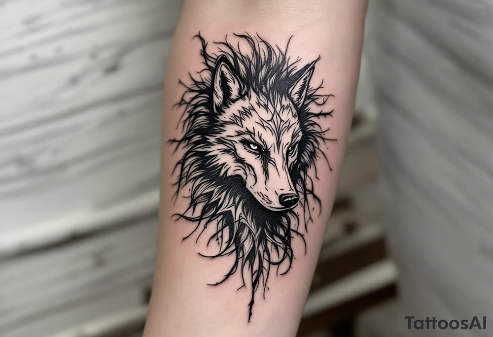 forearm tattoo of a spartan mixed to a wolf tattoo idea