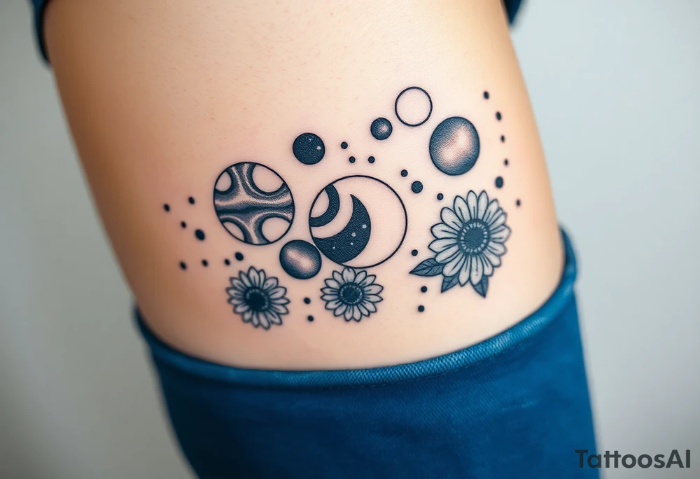Milky way galaxy with planets with zodiac symbols and protection runes in it with tigerlillies roses and sunflowers tattoo idea