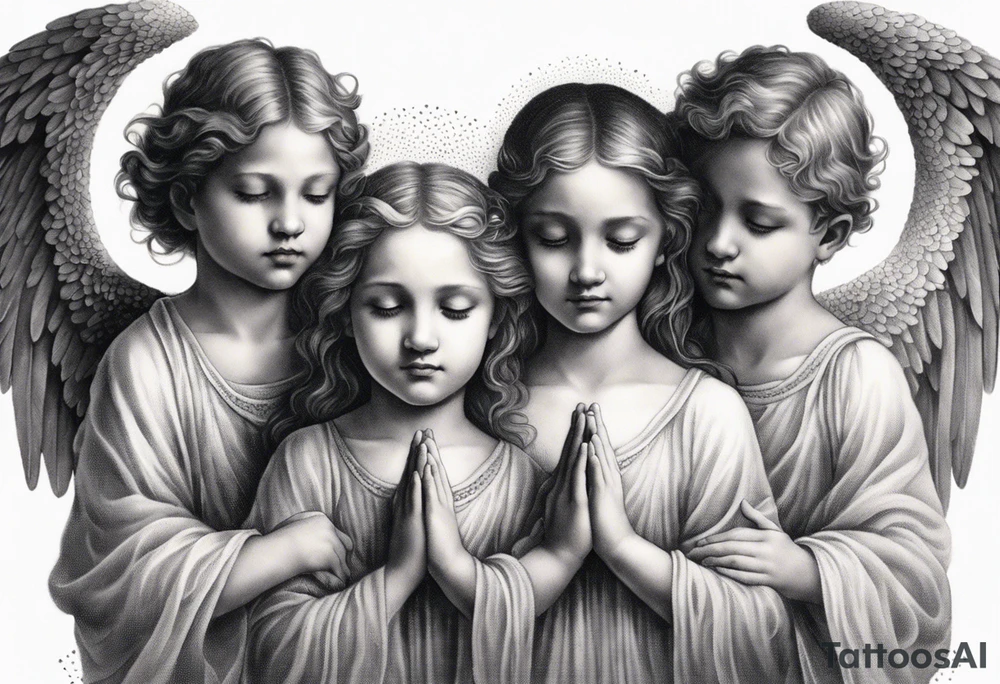 three angels praying together. The two boy angels are on either side of the girl angel, with their wings gently enfolding her in a protective embrace tattoo idea