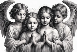 three angels praying together. The two boy angels are on either side of the girl angel, with their wings gently enfolding her in a protective embrace tattoo idea