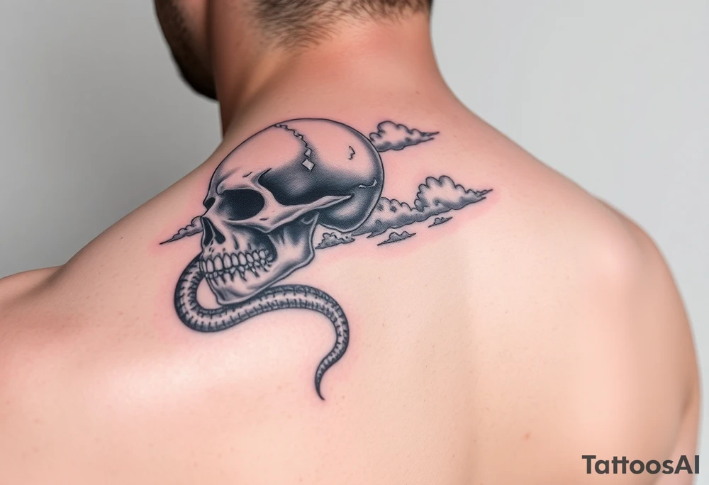 Upper right back to shoulder tattoo of realistic skull with rattlesnake and clouds. No color, except white for highlights. tattoo idea