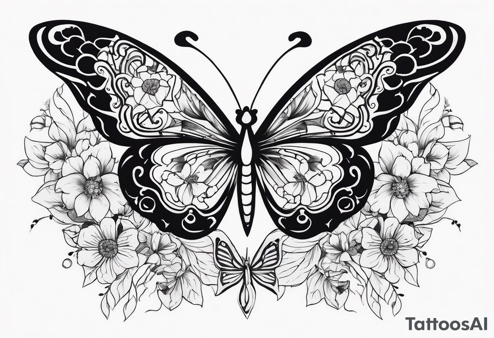 Sexy Skelton  sleeve with butterflies and flowers tattoo idea