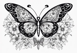 Sexy Skelton  sleeve with butterflies and flowers tattoo idea