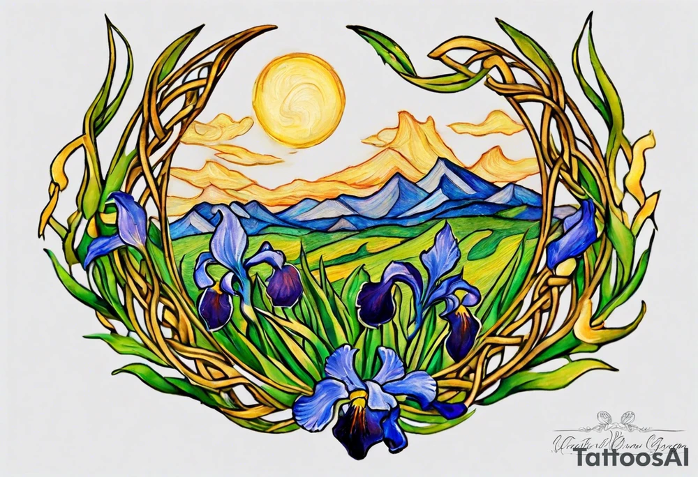 Create a small, colorful Vincent van Gogh Irises tattoo in the form of a crescent, with vines in Celtic knot style gracefully intertwining at a central point in the middle of the wreath. The intended placement is on the upper chest. The middle needs mountains. The overall design should be small in size while maintaining a delicate and artistic aesthetic. Pay attention to the graceful flow of the vines and the placement of the irises to achieve a refined and elegant look. tattoo idea