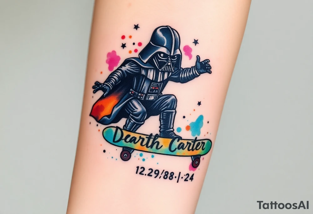 Darth Vader skateboarding > memorial in heaven > bullets
colorful
skateboard words "Darth Carter"
add date 12/29/88-01/06/24 tattoo idea