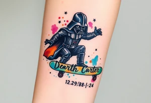 Darth Vader skateboarding > memorial in heaven > bullets
colorful
skateboard words "Darth Carter"
add date 12/29/88-01/06/24 tattoo idea