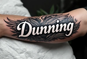 Dunning, Details include on left arm, name in white color,angel wing, wet jungle leaves,cool font, galaxy background filling, tattoo idea