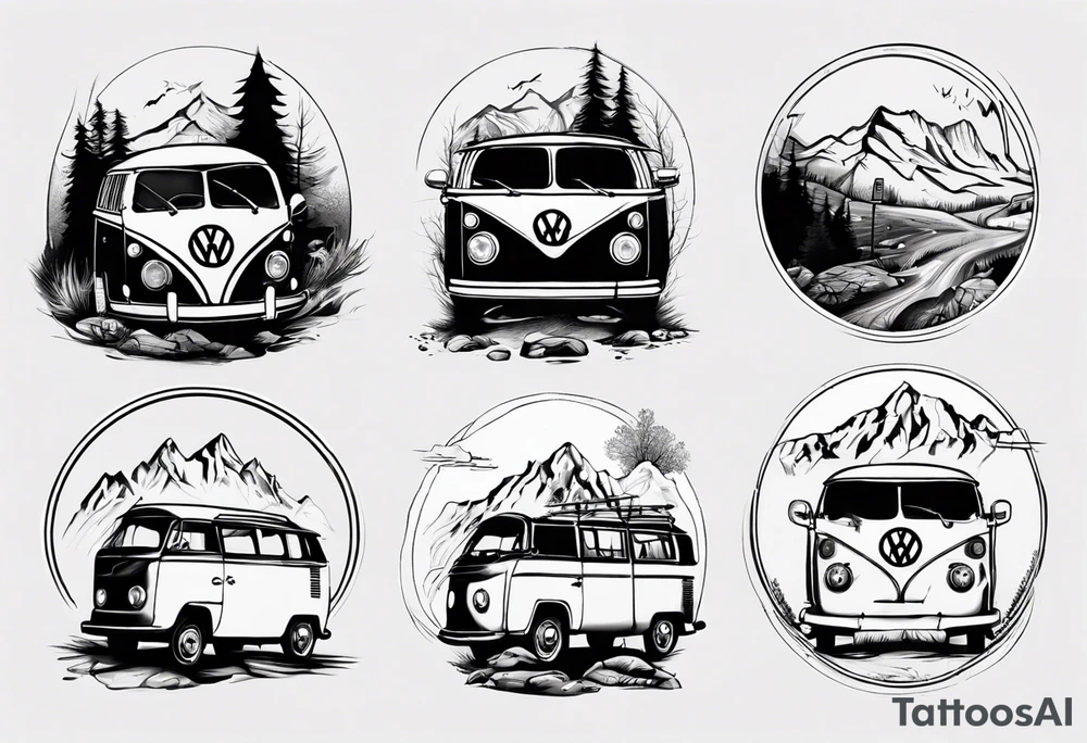 vw Typ 2 in einer landschaft aus bergen und Wälder tattoo idea