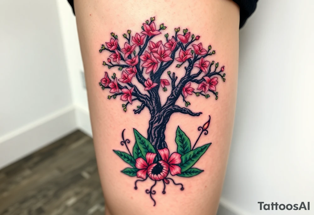 Lilly of the vally plants underneath a blooming hawthorn tree tattoo idea