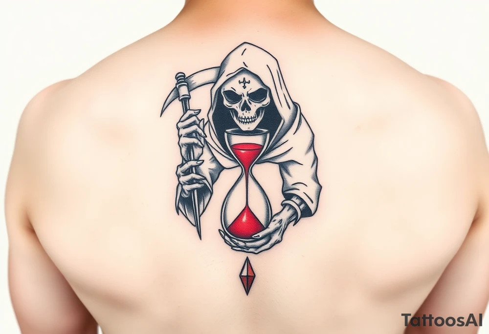 Simple grim reaper holding a hourglass with red sand and diamond like geometric shapes tattoo idea