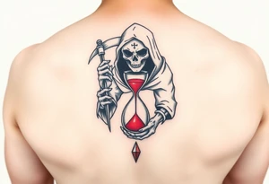 Simple grim reaper holding a hourglass with red sand and diamond like geometric shapes tattoo idea