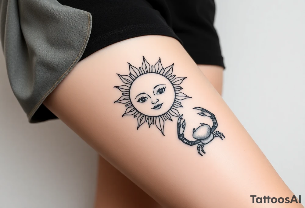 Traditional old
School sun with simple face two eyes, Sun, rose and crab old school style henna style tattoo idea