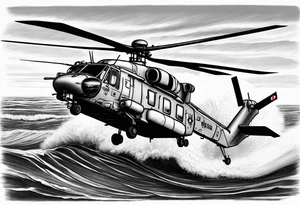 Canadian military grey CH-148 Cyclone helicopter soaring low over rough, ocean waves. A poppy flower be prominently displayed tattoo idea