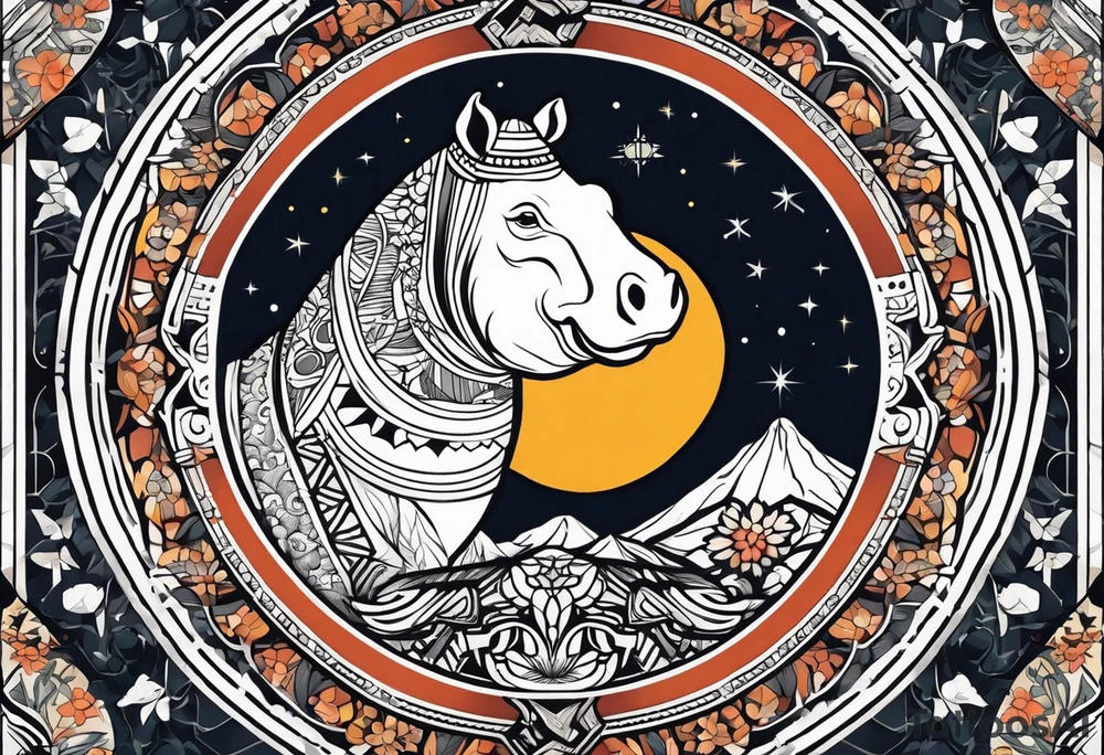 A foot long 2.5inches wide portrait orientation tattoo, containing a detailed hippo head with tribal patterns in the middle, a full moon on the upper side, and some wintersweet flowwer on the bottom side, these three components are connected with arches, lines, little geometric patterns, the lines will ne fine and narrow tattoo idea