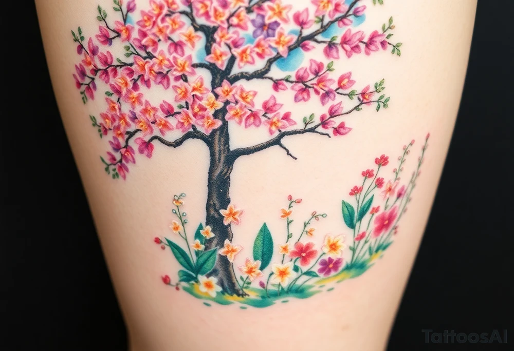 Lilly of the vally plants underneath a blooming hawthorn tree with other colorful lilly plants on ground tattoo idea