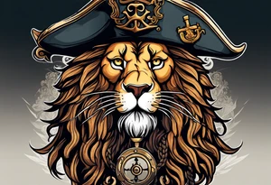 Pirate lion wearing jacket, sword and pistol, nautical steampunk theme. dreadlocks. tattoo idea