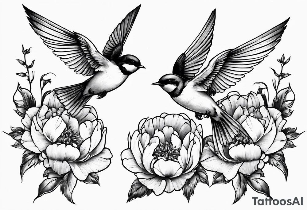 Two swallows in flight with peonies tattoo idea