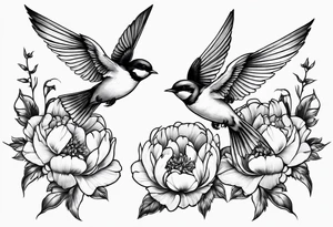 Two swallows in flight with peonies tattoo idea