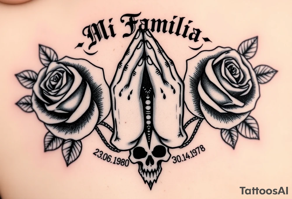 Black and grey gang style tattoo design. Centered praying hands with a rosary, surrounded by three realistic roses. Above the hands, gothic text saying 'Mi Familia'. Below each rose, a date in this order: '23.06.1980', '30.12.1946', '07.04.1979 . Add a crowned skull subtly in the background, symbolizing loyalty after death. Chicano tattoo style, fine shading, no color tattoo idea