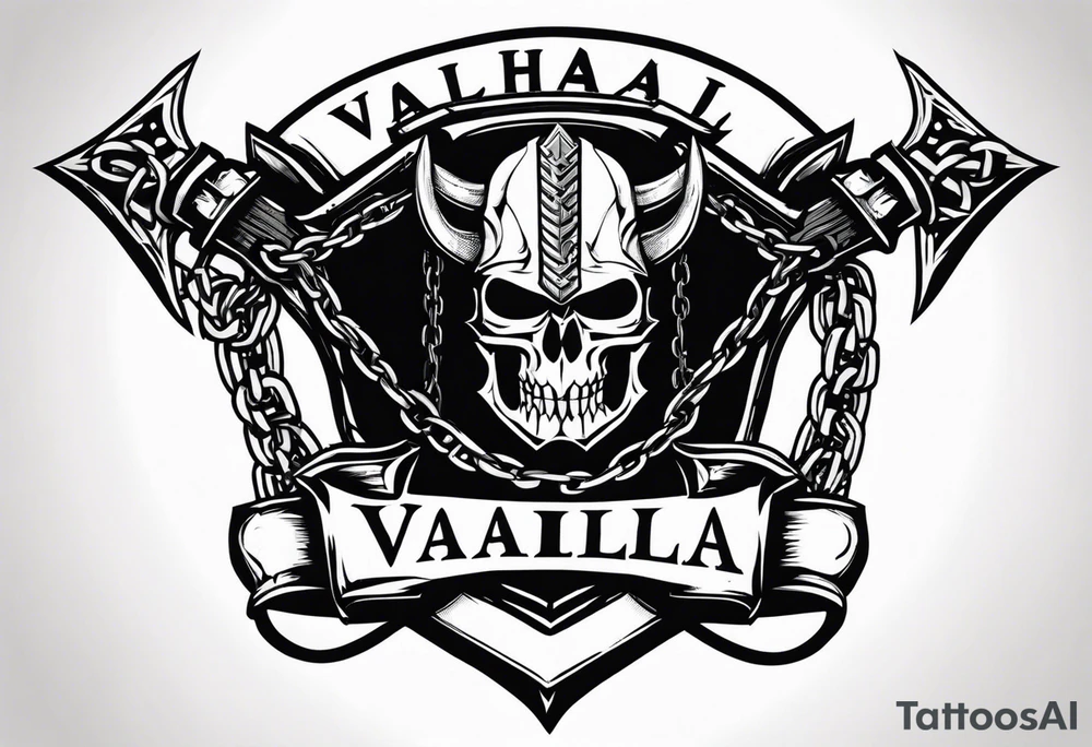 Valhalla sword shield axe barbed wire chains dark cloud tattoo idea