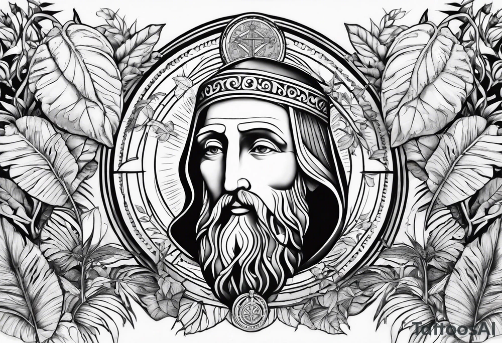 full arm sleeve tattoo with St. Benedict Medal surrounded by jungle plants tattoo idea