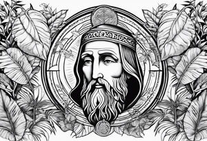 full arm sleeve tattoo with St. Benedict Medal surrounded by jungle plants tattoo idea