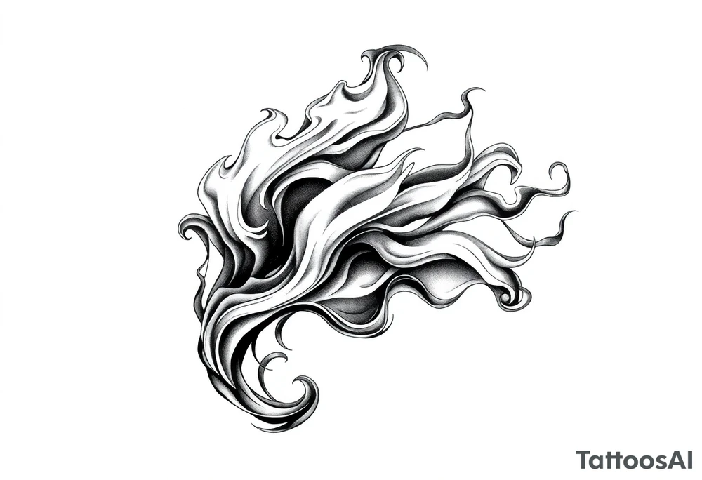 Flowing smoke and flames in blackwork style, fluid line art, tattoo design for forearm or sleeve, negative space, motion effect, sharp curves and swirls tattoo idea