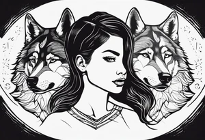 Woman’s face splitting into another with wolf cut hair tattoo idea