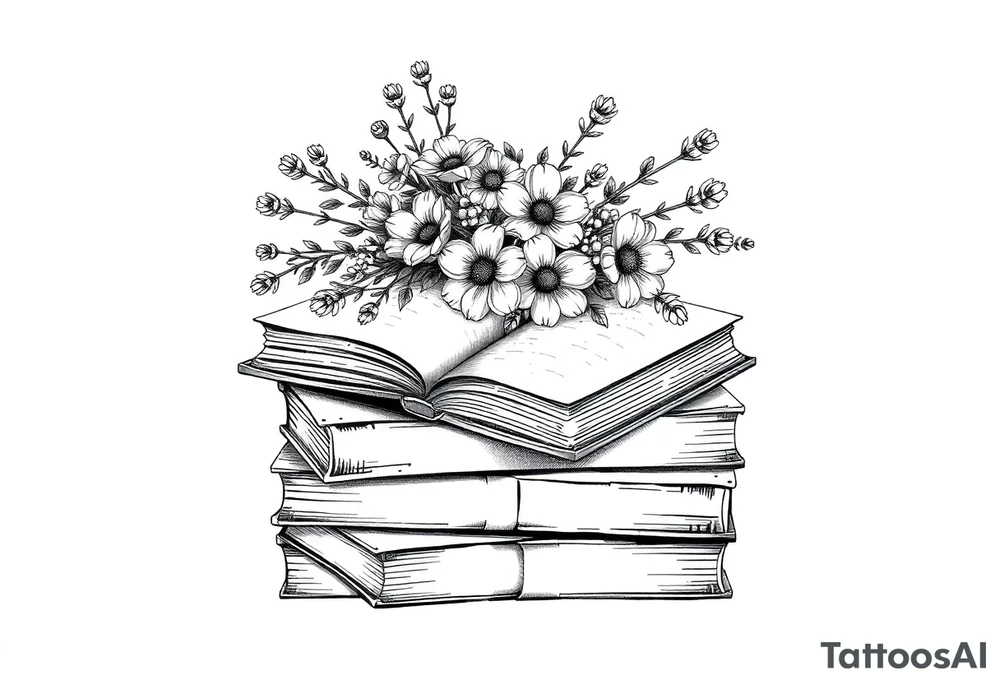 stack of 3 vintage books top book open with bouquet of wild
flowers coming out of it tattoo idea