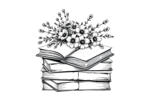 stack of 3 vintage books top book open with bouquet of wild 
flowers coming out of it tattoo idea