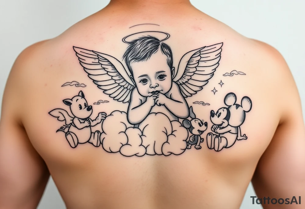 Babyboy with angel wings crawling to clouds and heavens gate surrounded by Disney characters winnie the poo, piglet, eeyor, baby mickey and baby minnie mouse as babies arm sleeve tattoo idea