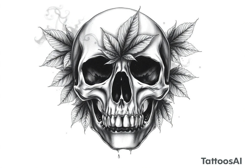 A skull seen from the front with leaves passing through it, smoke, and an effect on the skull as if it were crumbling. tattoo idea