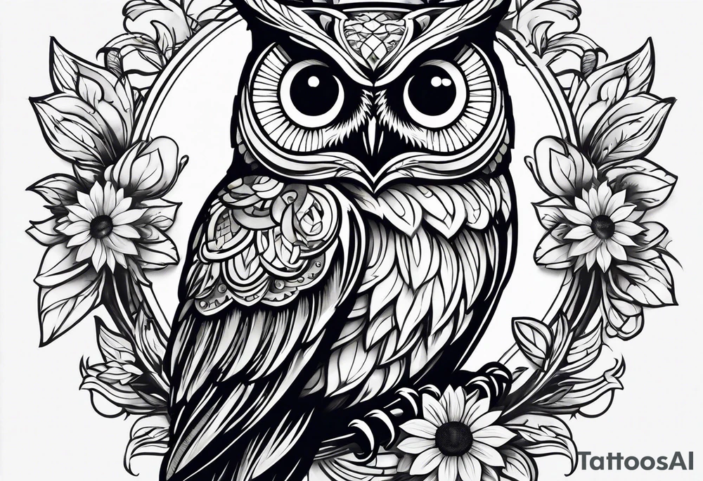 Owl sunflower and butterfly half sleeve tattoo idea