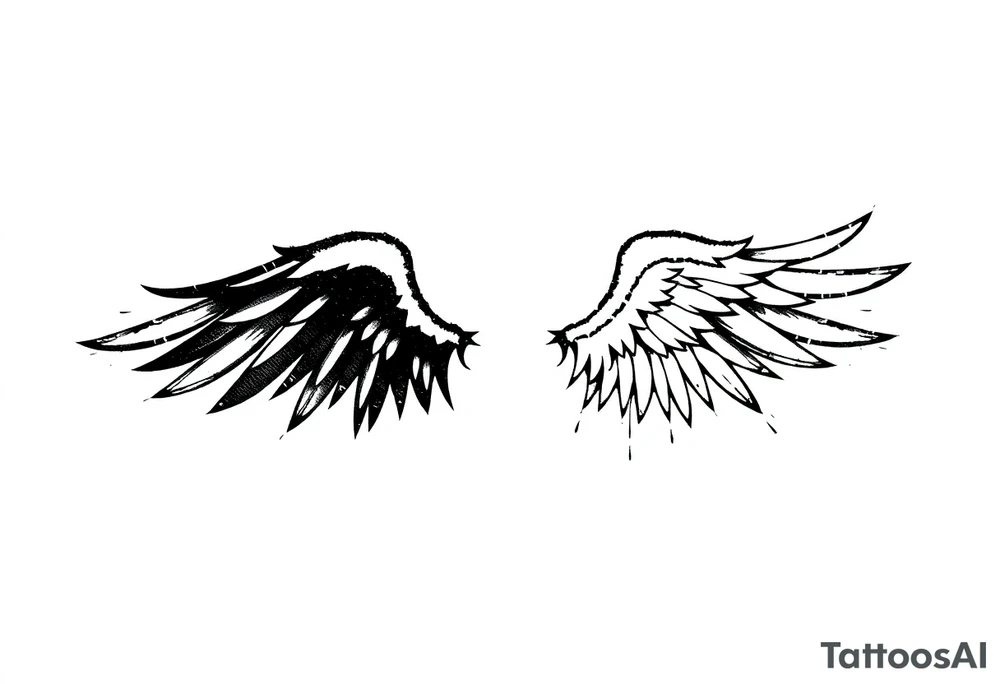 This tattoo design features a pair of asymmetrical angel wings drawn in black ink with a rough, sketch-like style. The left wing is darker, more defined, and appears denser, while the right wing is lighter, more delicate, and fragmented, creating a contrast between the two. The feathers are sharp and irregular, with fine lines and stray strokes extending outward, adding a raw and artistic feel. The overall look is dynamic and slightly chaotic, giving the impression of movement or an unfinished, ethereal form. This design symbolizes duality, freedom, transformation, or even struggle, making it a meaningful and visually striking tattoo. tattoo idea