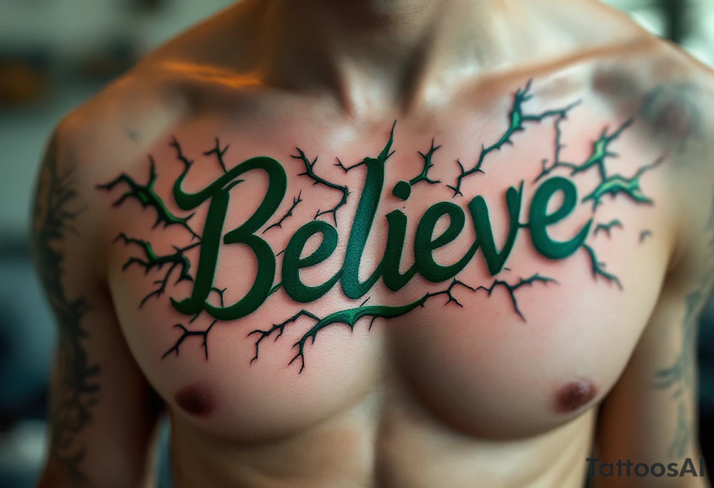 "Believe" in green, surrounded by crackling energy lines, symbolizing growth and breaking free from doubts. tattoo idea