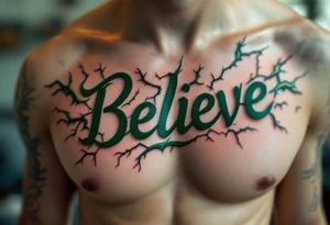 "Believe" in green, surrounded by crackling energy lines, symbolizing growth and breaking free from doubts. tattoo idea