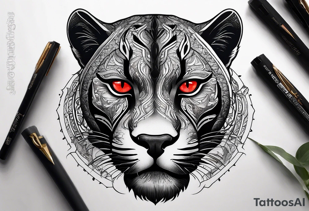 unique black panther, striking red eyes, intense and captivating elements tattoo idea