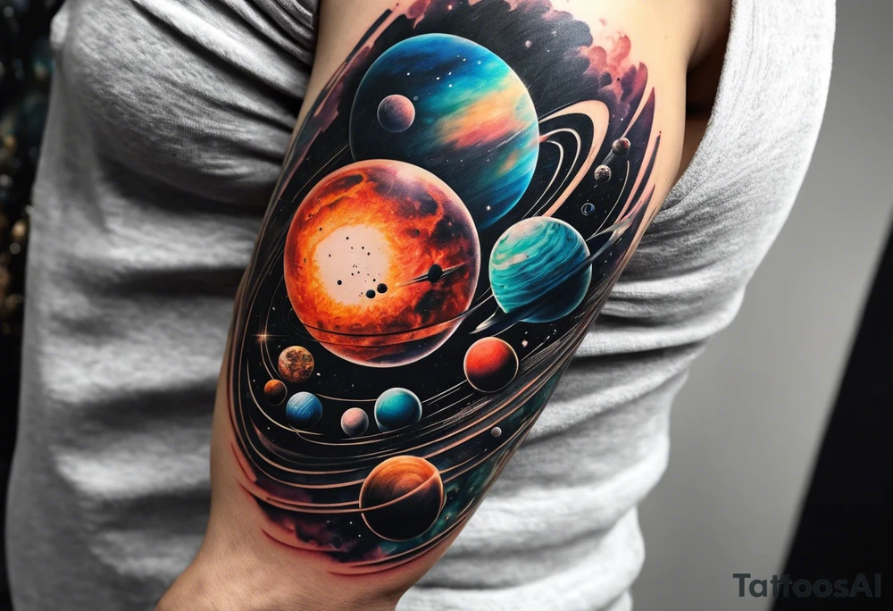 Half sleeve tattoo of planets orbiting a black hole. tattoo idea