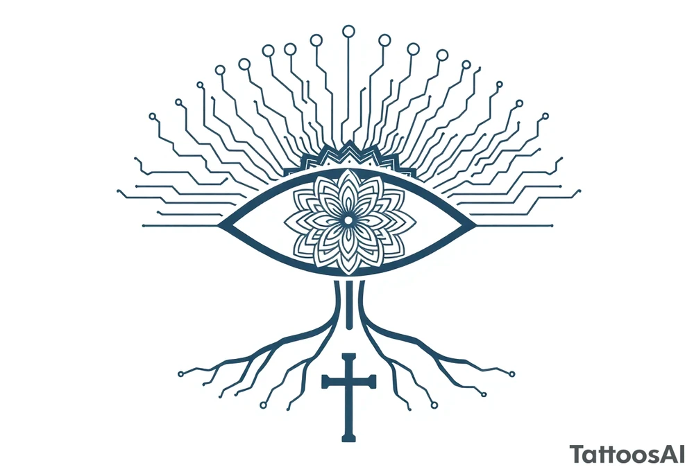 Central Element: A large, stylized eye is the focal point.
	•	The iris of the eye is filled with a mandala pattern, symbolizing depth, balance, and inner awareness.
	•	The lines are fine and clean, forming symmetrical layers and floral-like geometry within the mandala.
	•	Upper Design: From the top of the eye extend circuit-like branches, mimicking electronic pathways.
	•	These lines rise vertically and diagonally in symmetrical fashion, ending in rounded circuit nodes, representing intelligence, logic, and the digital mind.
	•	Lower Design: From the bottom of the eye extend natural tree roots.
	•	These branches flow organically and curve outward, grounding the symbol with themes of nature, growth, and spiritual connection.
	•	Text Element: Below the tree roots is the word “σοφία” in Ancient Greek, meaning wisdom.
	•	The font is clean and classical, giving it a timeless, philosophical presence.
	•	Religious Symbol: Directly below the Greek word is a simple, black cross. 
	•	The cross is thin, minimal, and vertically aligned with the center of the eye, representing faith, spirituality, or divine guidance.
	•	Placement: on the back tattoo idea