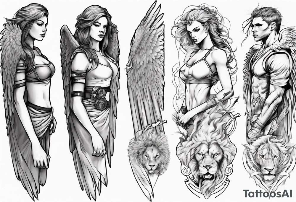 Full arm sleeve with a female Angel warrior at the top of the sleeve with her wings wrapped around the top half of the arm until the elbow. At the bottom of the sleeve a females face with a lion tattoo idea